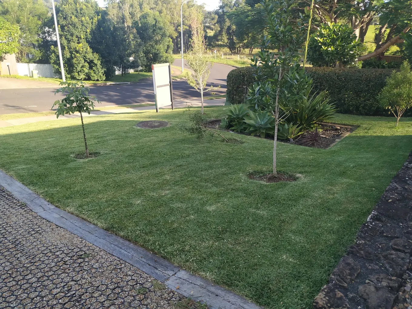 Freshly mowed lawn with ride-on mower